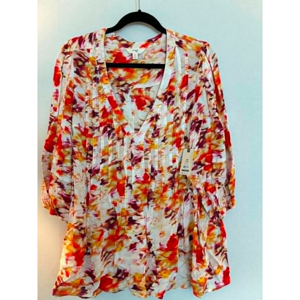 Terra & Sky Womens 0X 14W Abstract Floral Tunic Blouse Orange Red 3/4 Sleeve